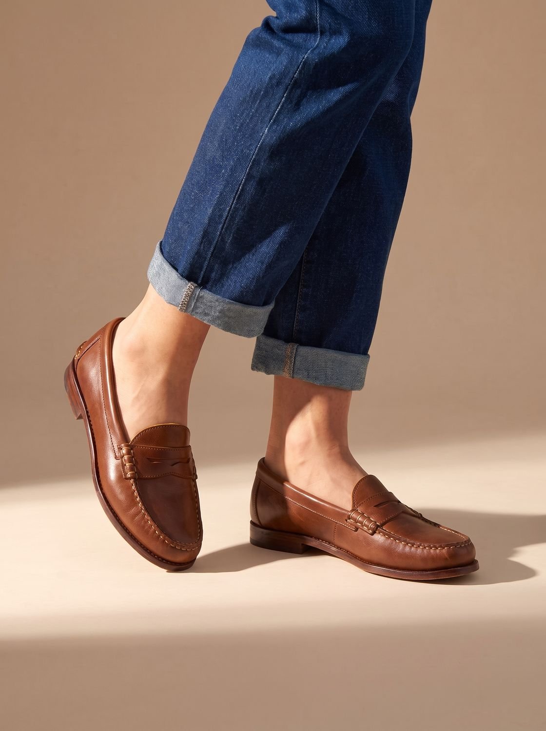 Women's Moc-Stitched Leather Penny Loafers with Low Block Heel - Brown
