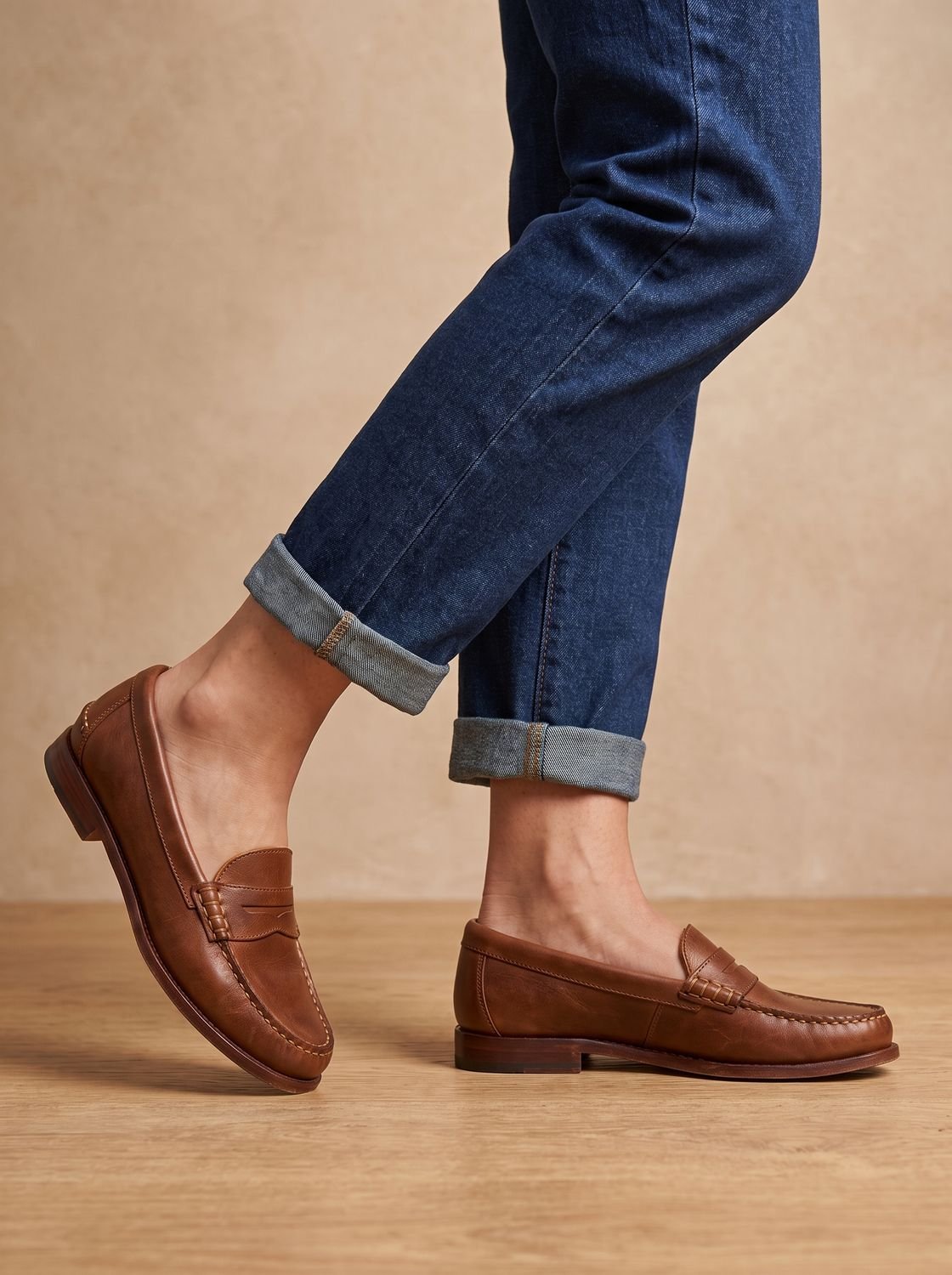 Women's Moc-Stitched Leather Penny Loafers with Low Block Heel