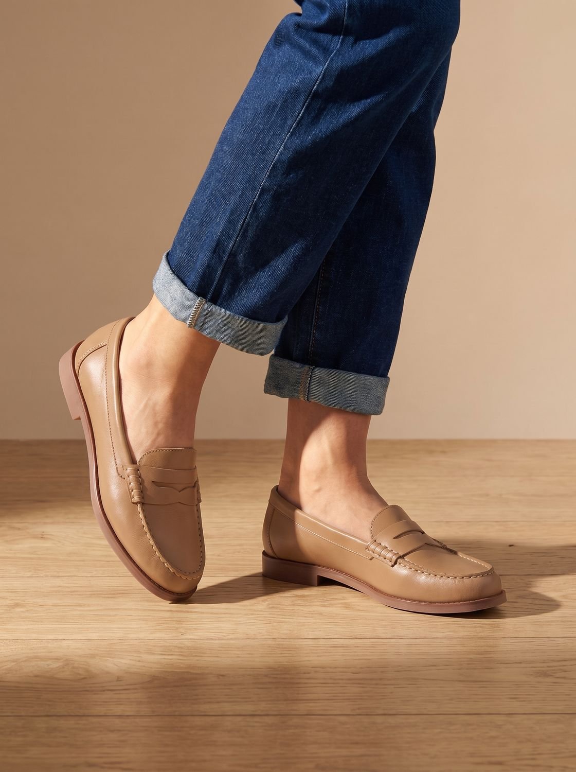 Women's Moc-Stitched Leather Penny Loafers with Low Block Heel - Khaki