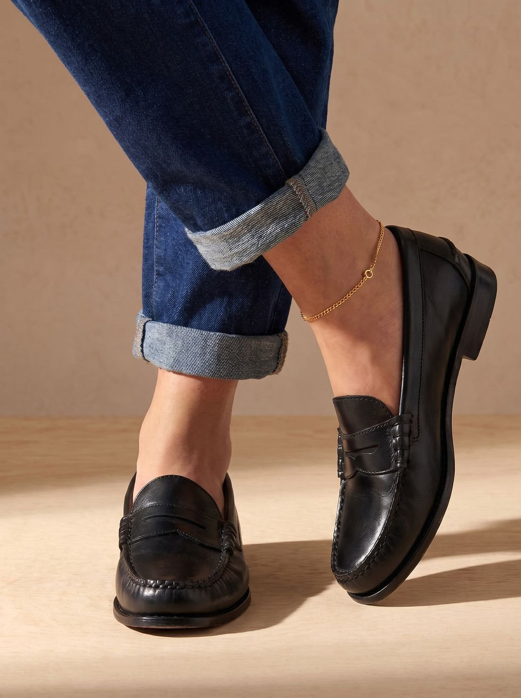 Women's Moc-Stitched Leather Penny Loafers with Low Block Heel - Black