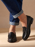 Women's Moc-Stitched Leather Penny Loafers with Low Block Heel - Black