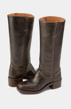Women's Leather Stacked-Heel Knee-High Boots