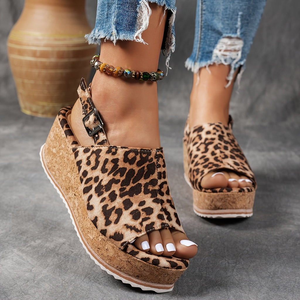 Women's Leopard Print Platform Wedge Comfortable Sandals Buckle Strap