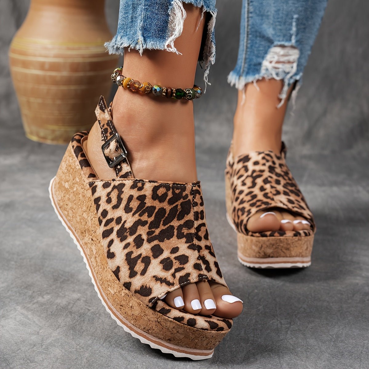 Women's Leopard Print Platform Wedge Comfortable Sandals Buckle Strap
