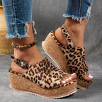 Women's Leopard Print Platform Wedge Comfortable Sandals Buckle Strap