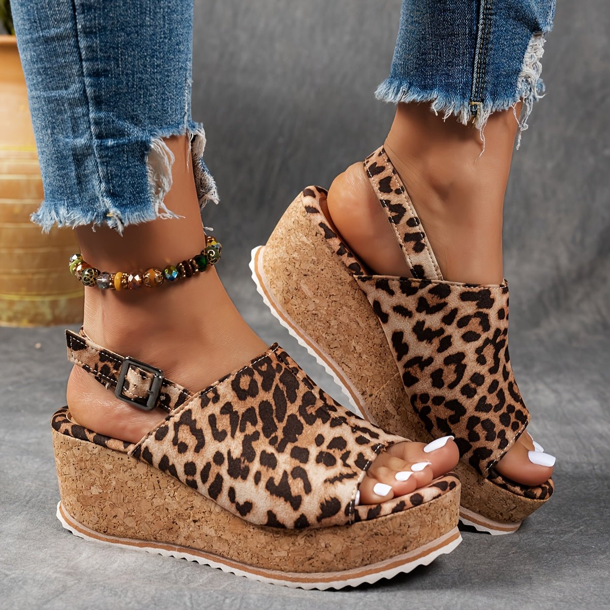 Women's Leopard Print Platform Wedge Comfortable Sandals Buckle Strap