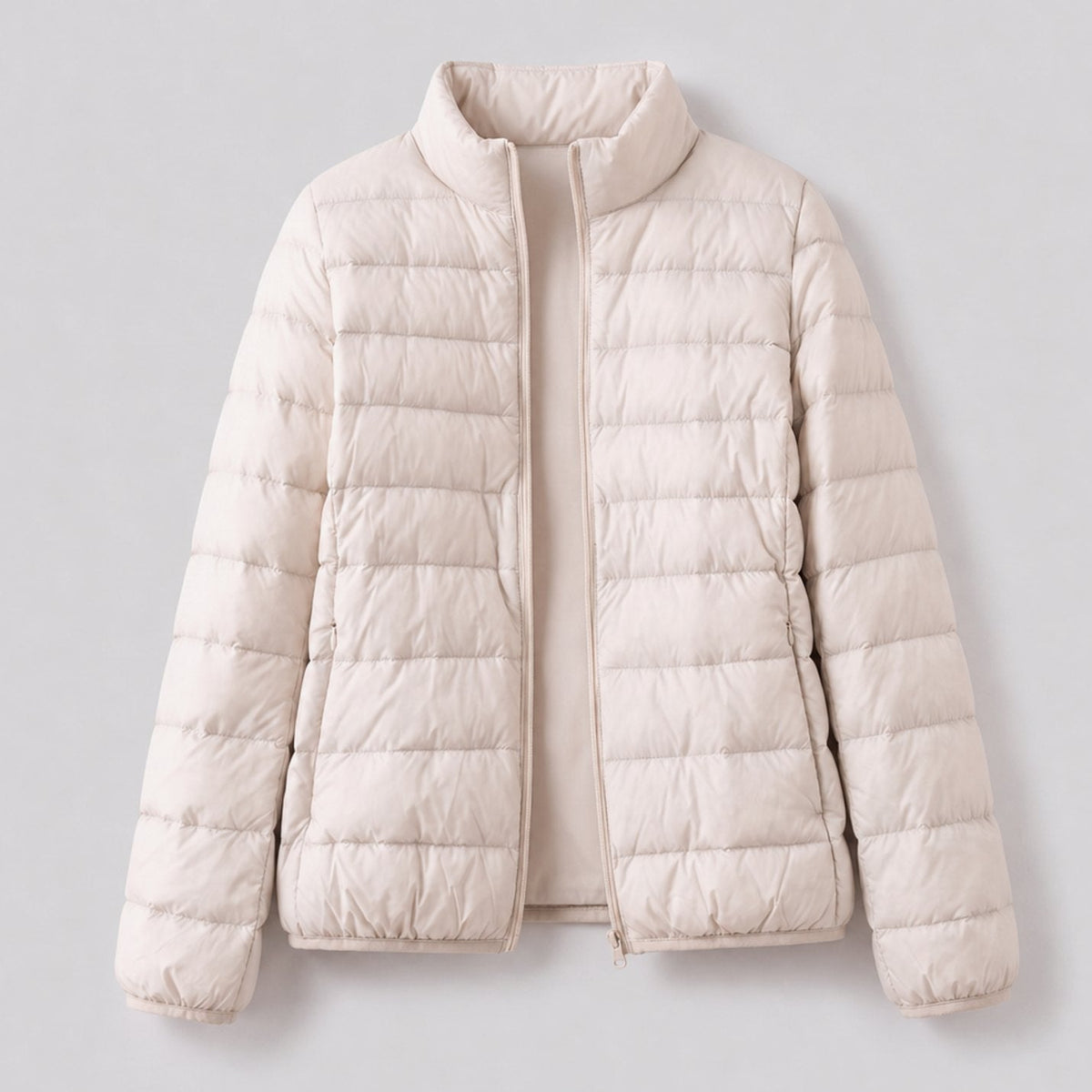 Women's Packable White Duck Down Jacket with Stand Collar - Beige
