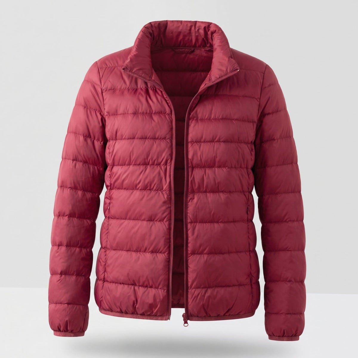 Women's Packable White Duck Down Jacket with Stand Collar - Burgundy