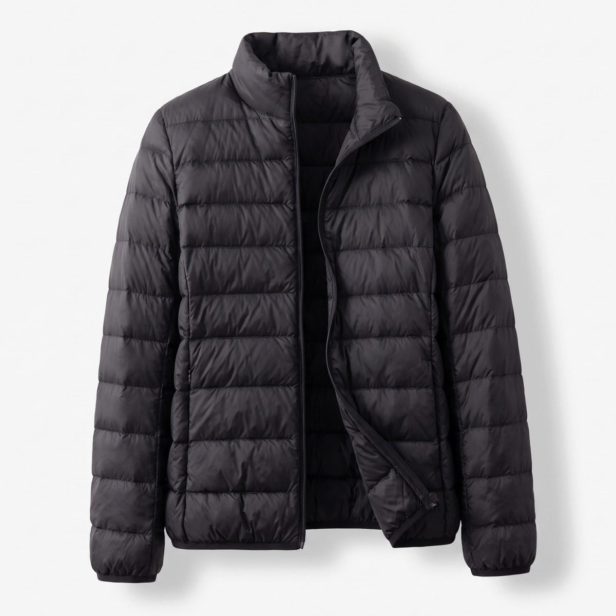 Women's Packable White Duck Down Jacket with Stand Collar - Black