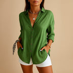 Women's Linen Button Down Blouse Long Sleeve Relaxed Fit
