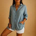 Women's Linen Button Down Blouse Long Sleeve Relaxed Fit