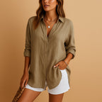 Women's Linen Button Down Blouse Long Sleeve Relaxed Fit
