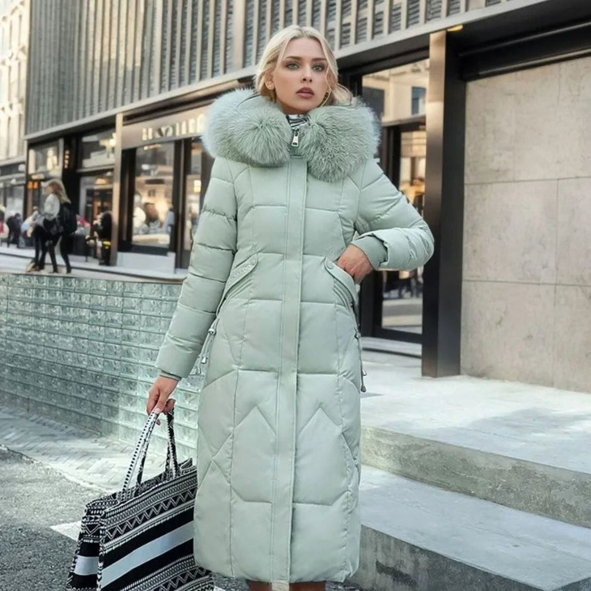 Women's Long Hooded Faux Fur Trim Quilted Coat