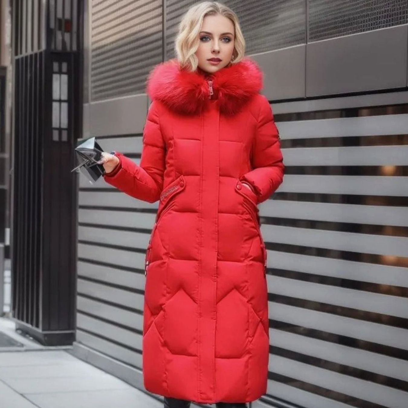 Women's Long Hooded Faux Fur Trim Quilted Coat