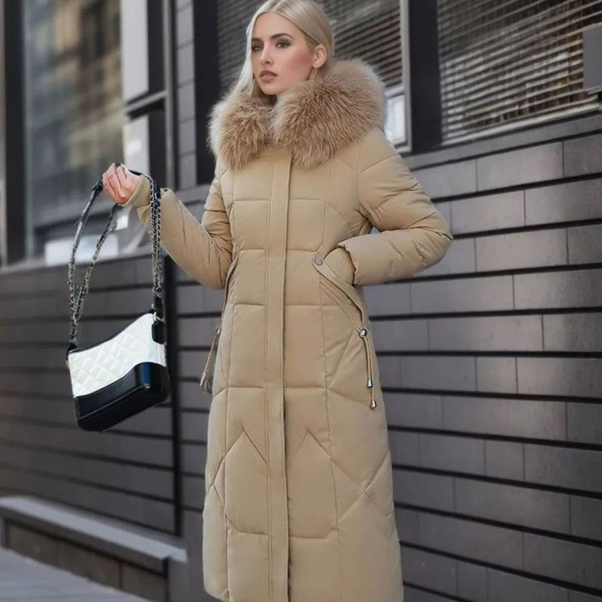 Women's Long Hooded Faux Fur Trim Quilted Coat