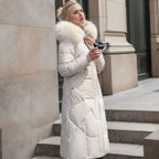 Women's Long Hooded Faux Fur Trim Quilted Coat