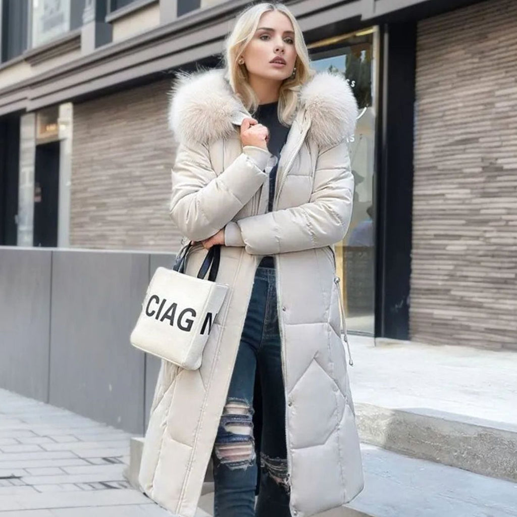 Women's Long Hooded Faux Fur Trim Quilted Coat