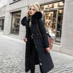 Women's Long Hooded Faux Fur Trim Quilted Coat