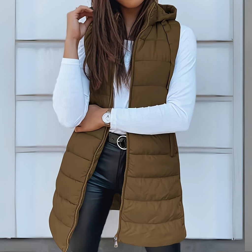 Women's Long Hooded Sleeveless Puffer Vest Lightweight Layering Gilet
