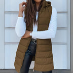 Women's Long Hooded Sleeveless Puffer Vest Lightweight Layering Gilet
