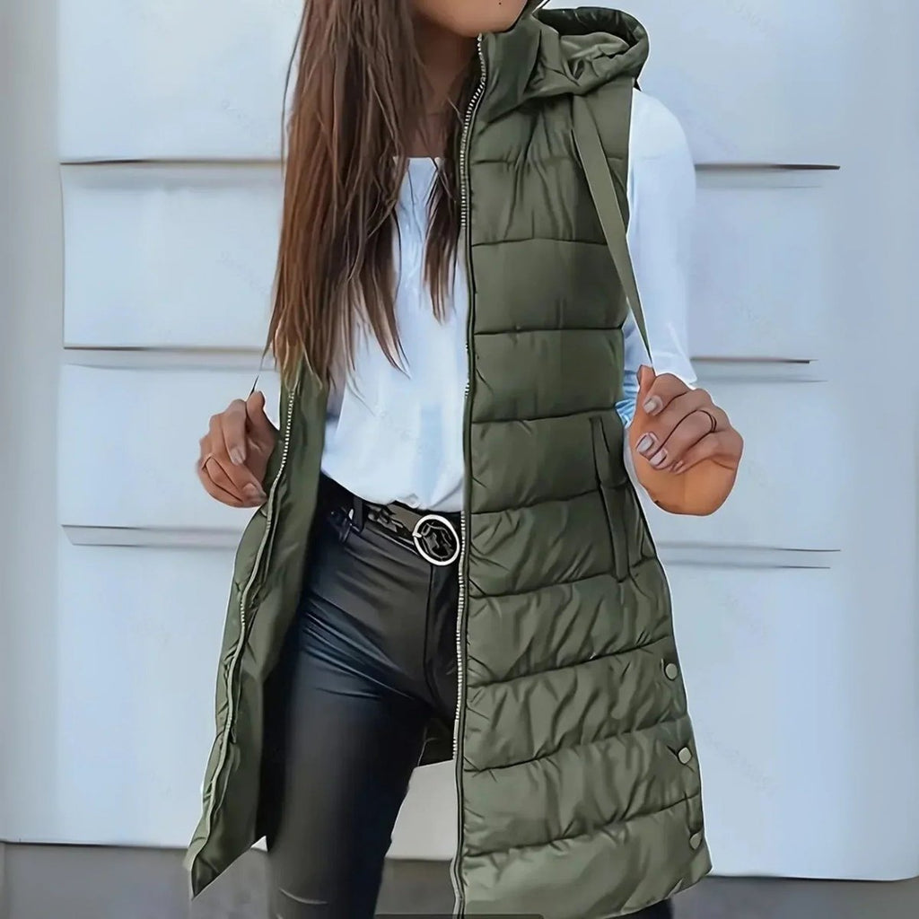 Women's Long Hooded Sleeveless Puffer Vest Lightweight Layering Gilet