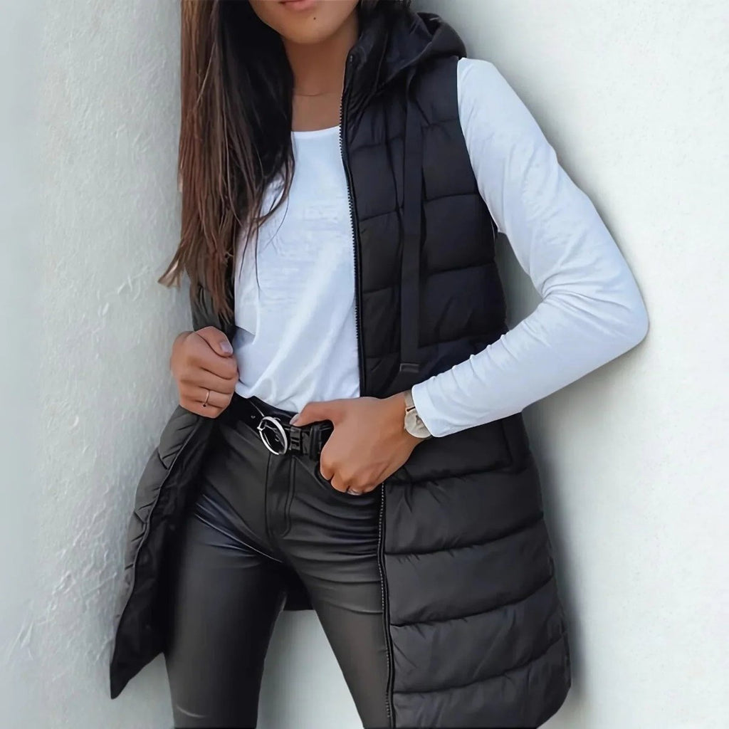 Women's Long Hooded Sleeveless Puffer Vest Lightweight Layering Gilet
