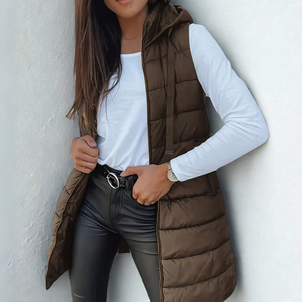 Women's Long Hooded Sleeveless Puffer Vest Lightweight Layering Gilet
