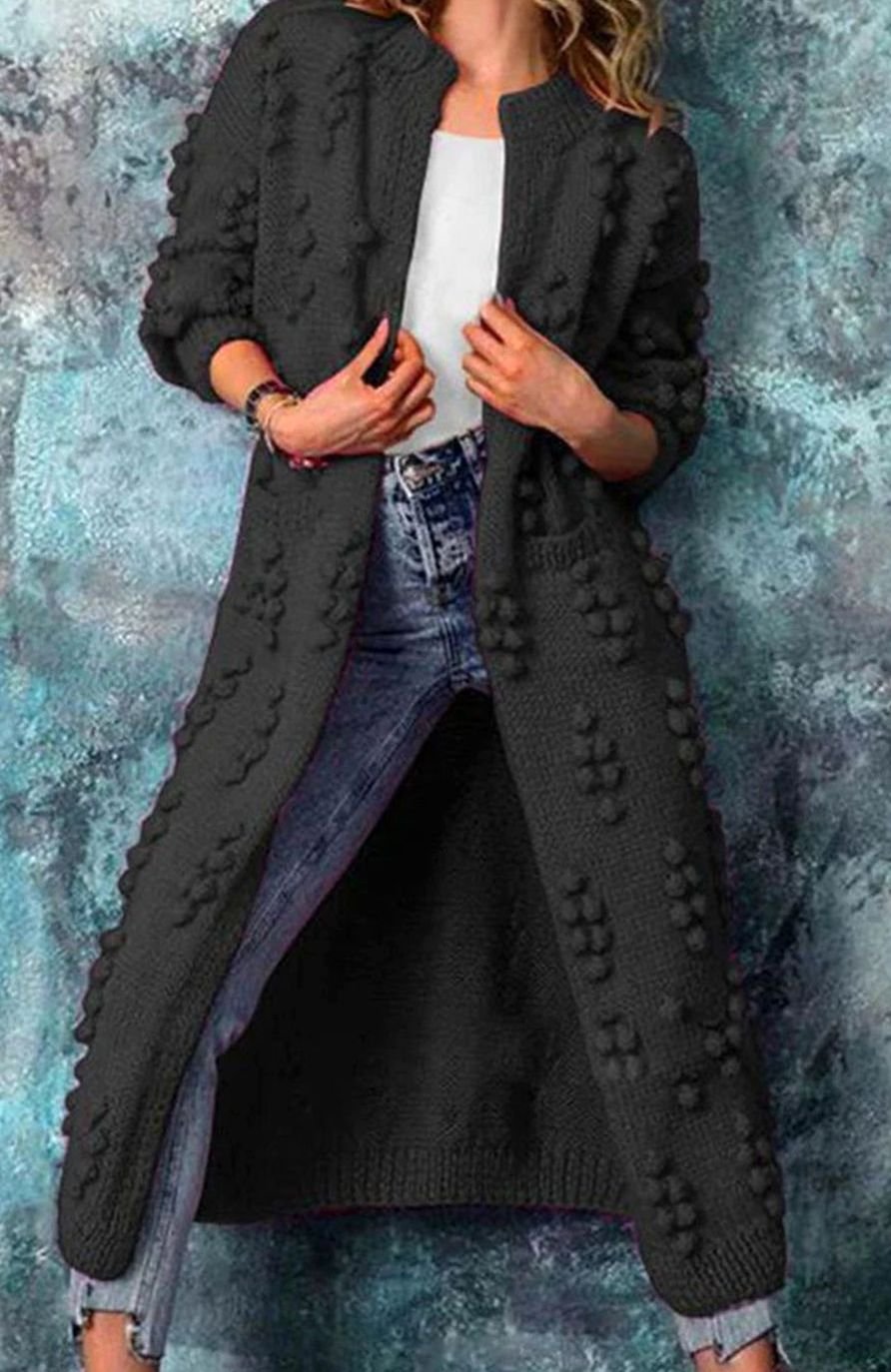 Women's Long Open-Front Pom-Pom Knitted Cardigan Sweater