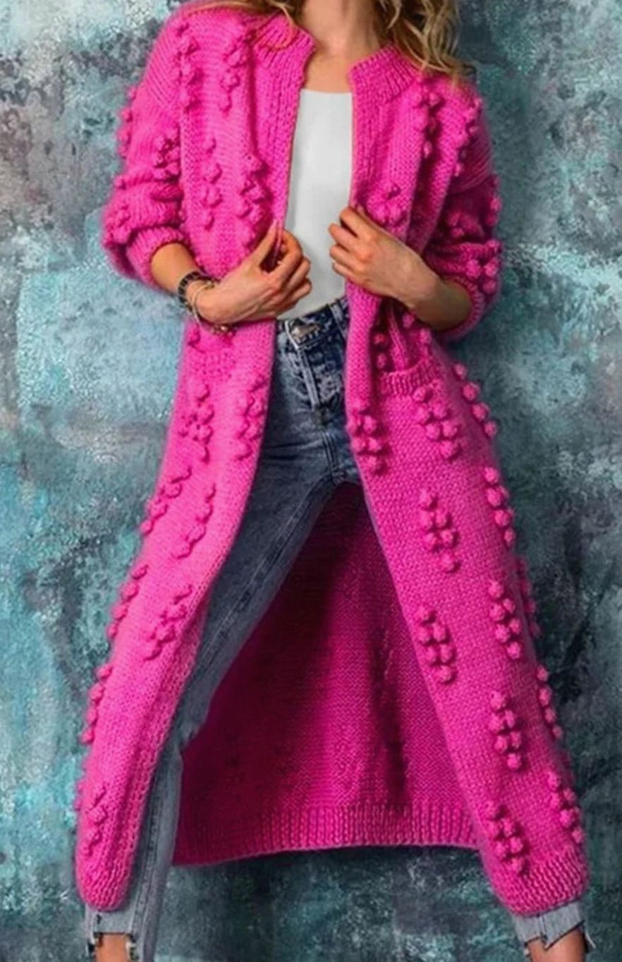 Women's Long Open-Front Pom-Pom Knitted Cardigan Sweater