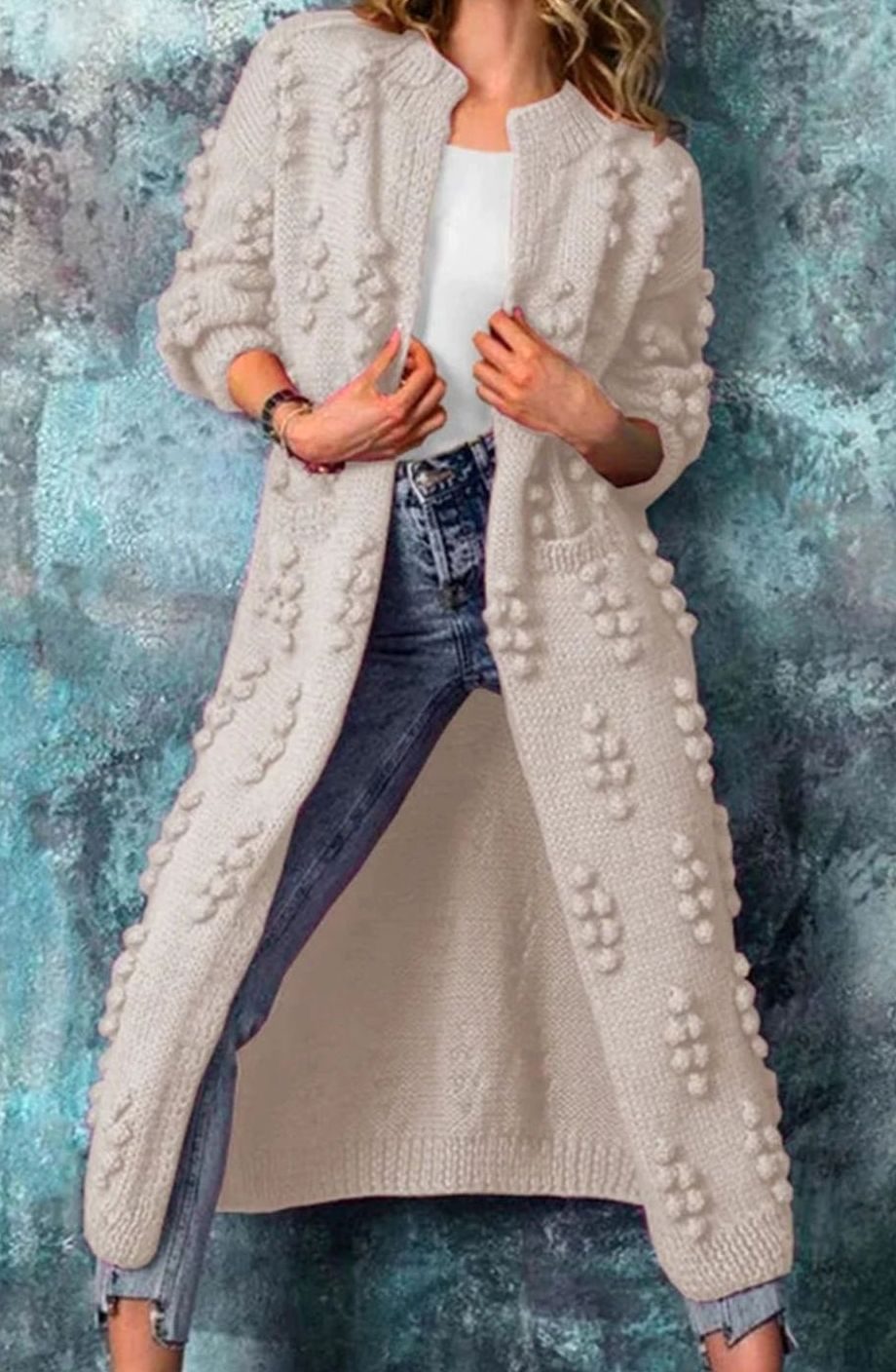Women's Long Open-Front Pom-Pom Knitted Cardigan Sweater