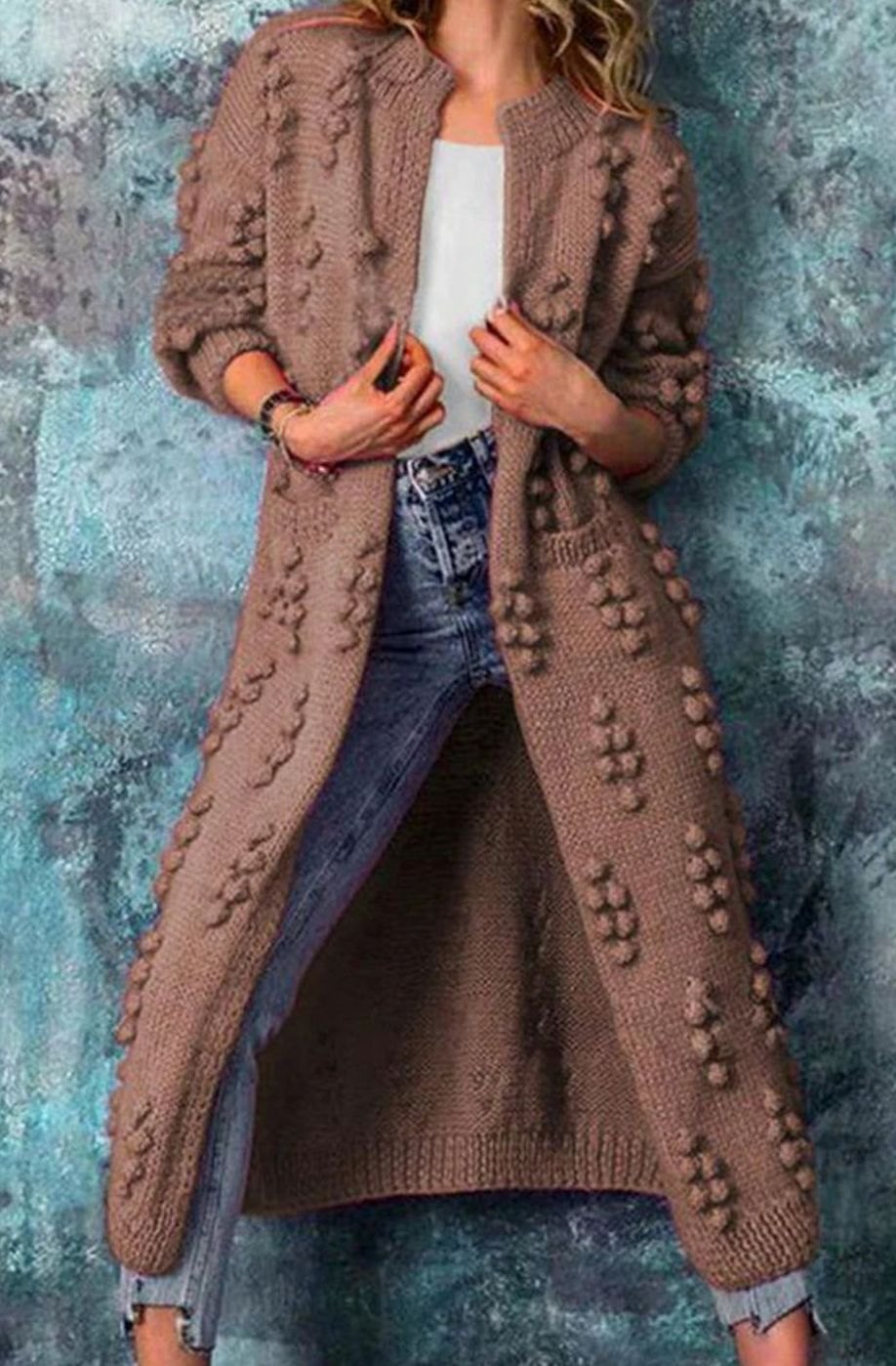Women's Long Open-Front Pom-Pom Knitted Cardigan Sweater