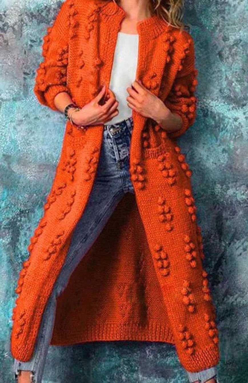 Women's Long Open-Front Pom-Pom Knitted Cardigan Sweater