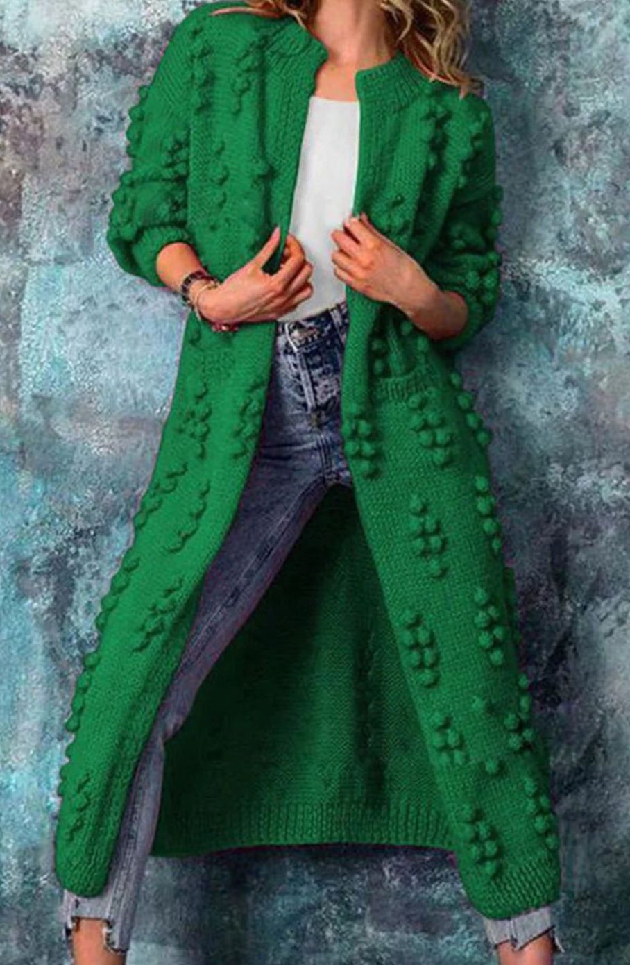 Women's Long Open-Front Pom-Pom Knitted Cardigan Sweater