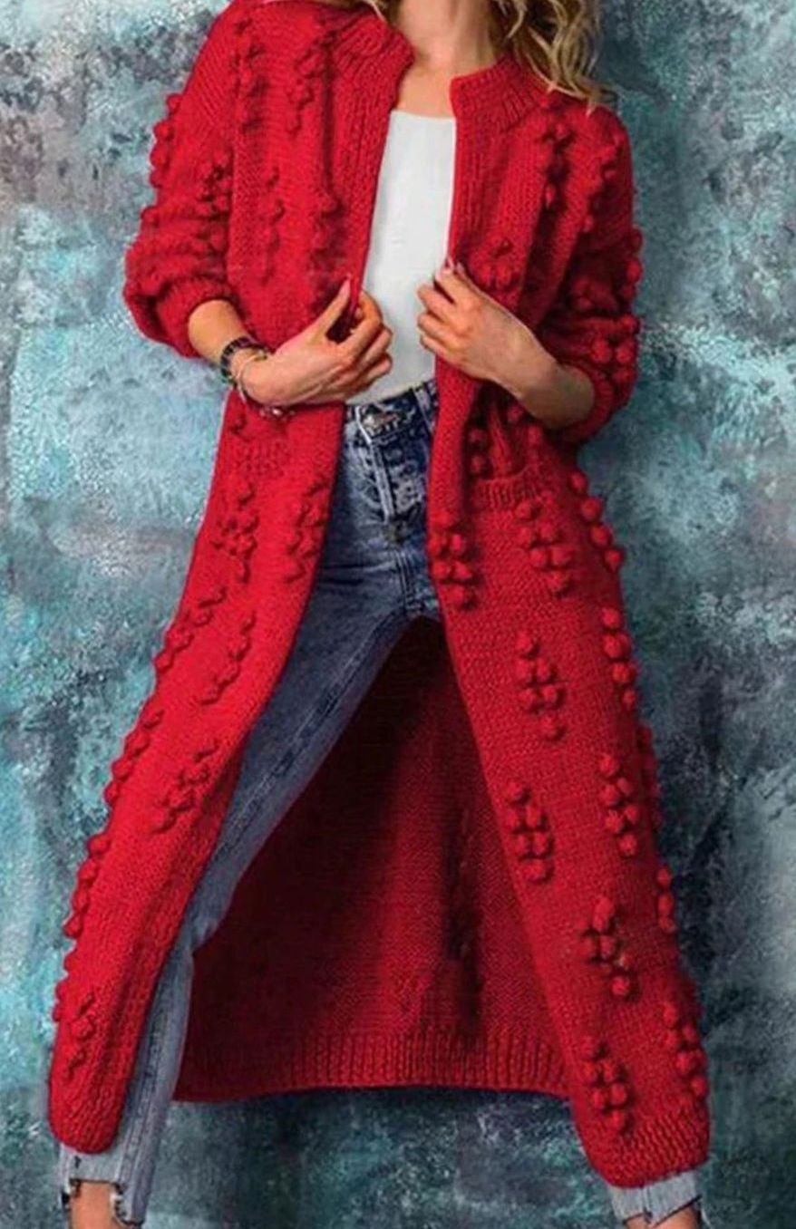 Women's Long Open-Front Pom-Pom Knitted Cardigan Sweater