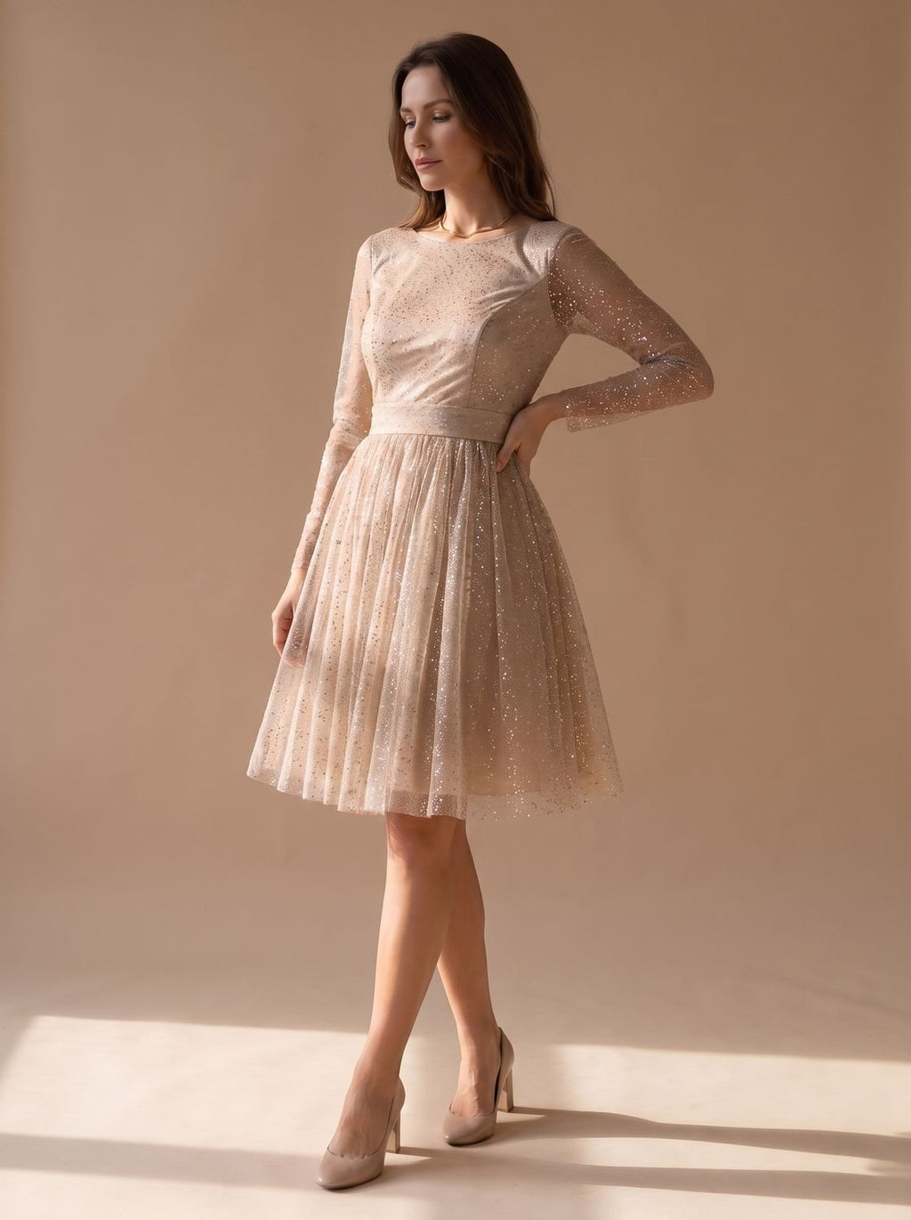 Women's Long-Sleeve Glitter Tulle A-Line Occasion Dress