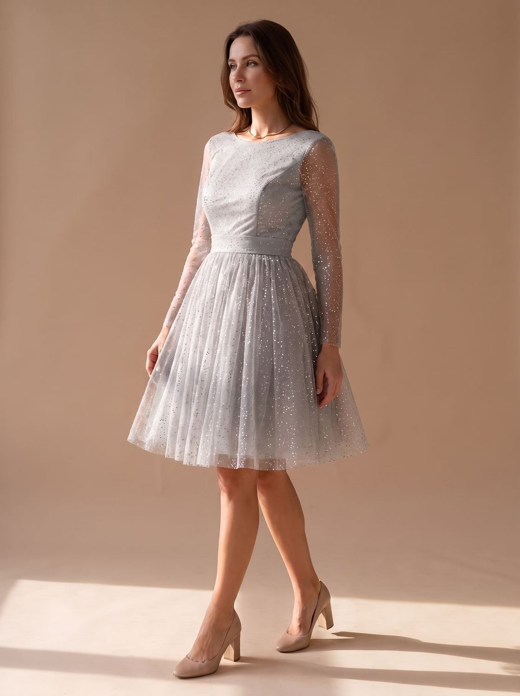 Women's Long-Sleeve Glitter Tulle A-Line Occasion Dress