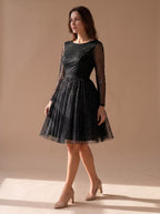 Women's Long-Sleeve Glitter Tulle A-Line Occasion Dress