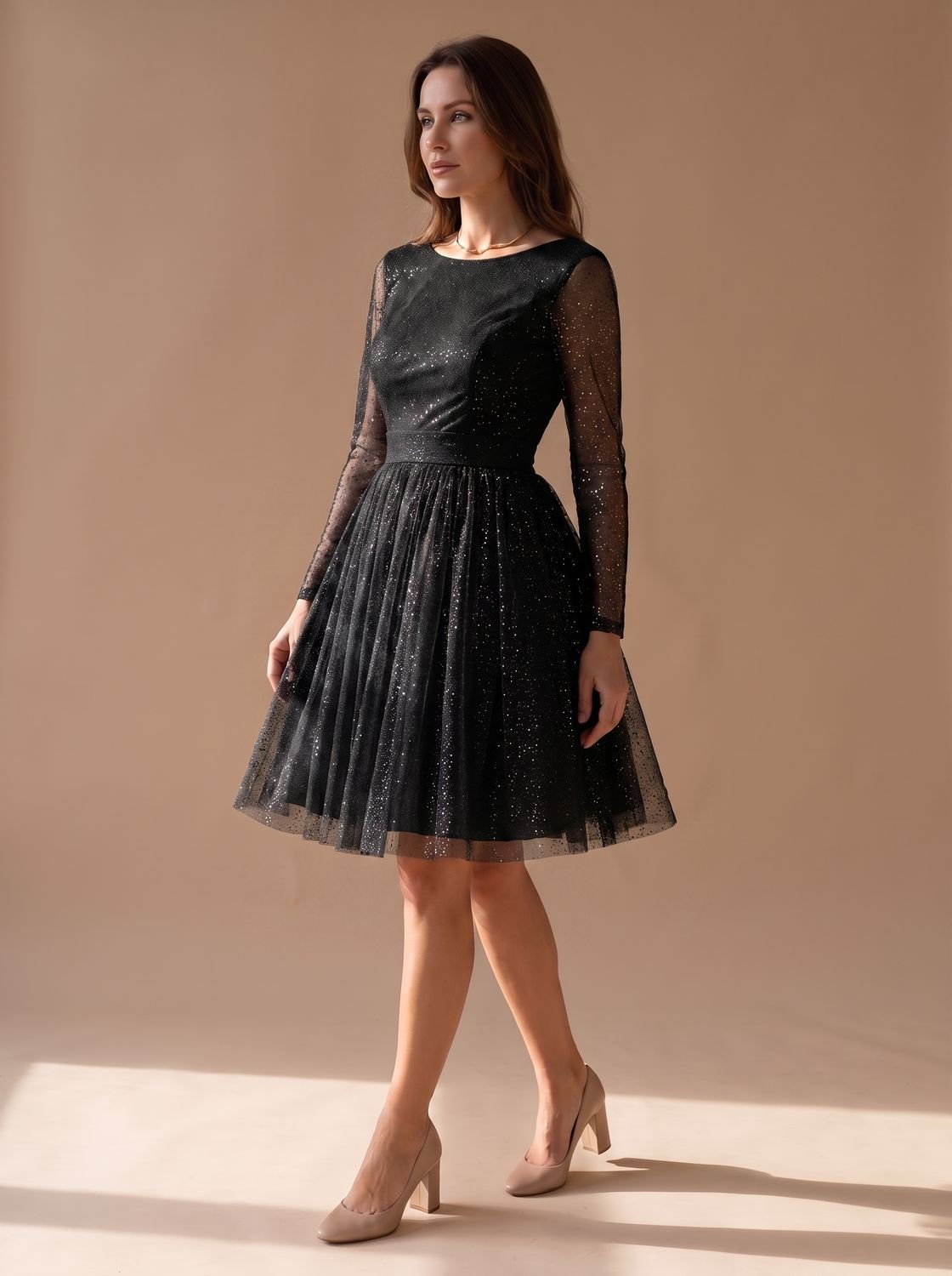 Women's Long-Sleeve Glitter Tulle A-Line Occasion Dress