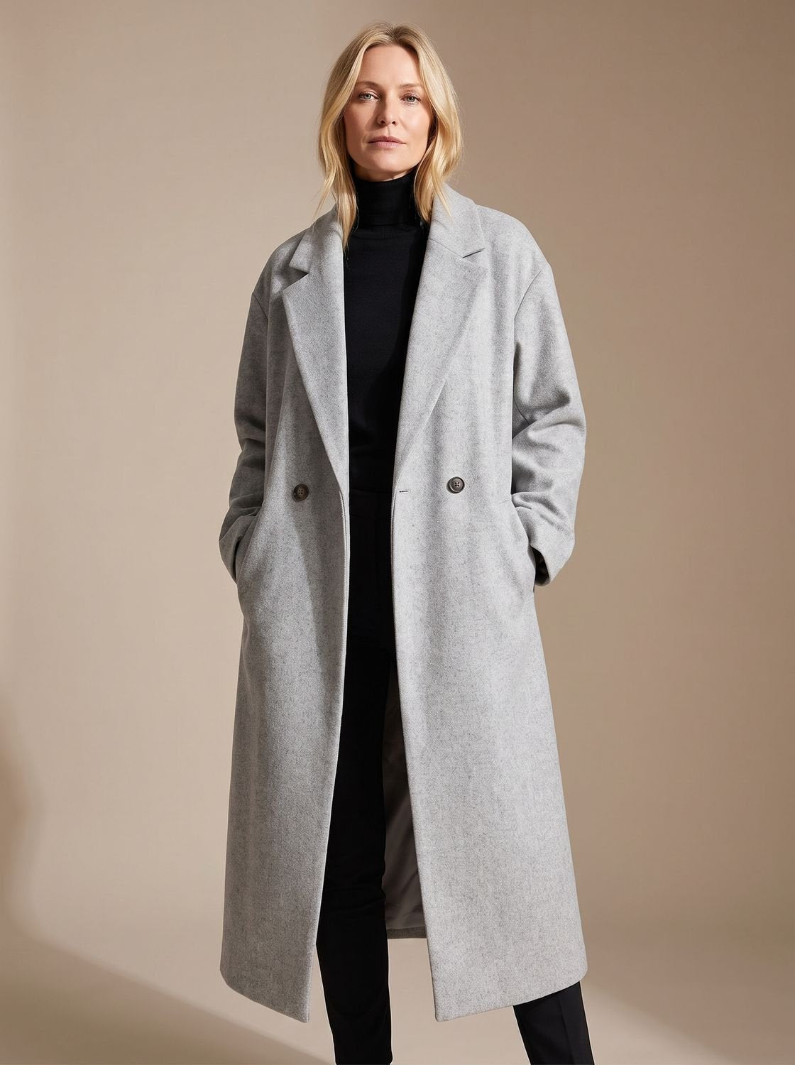 Women's Mid-Calf Tailored Overcoat with Double-Breasted Front - Gray