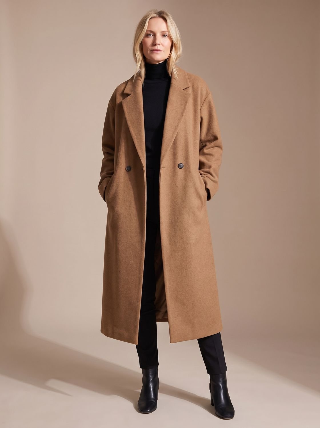 Women's Mid-Calf Tailored Overcoat with Double-Breasted Front - Brown