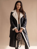 Women's Sherpa-Collar Faux Leather Belted Teddy Coat - Black