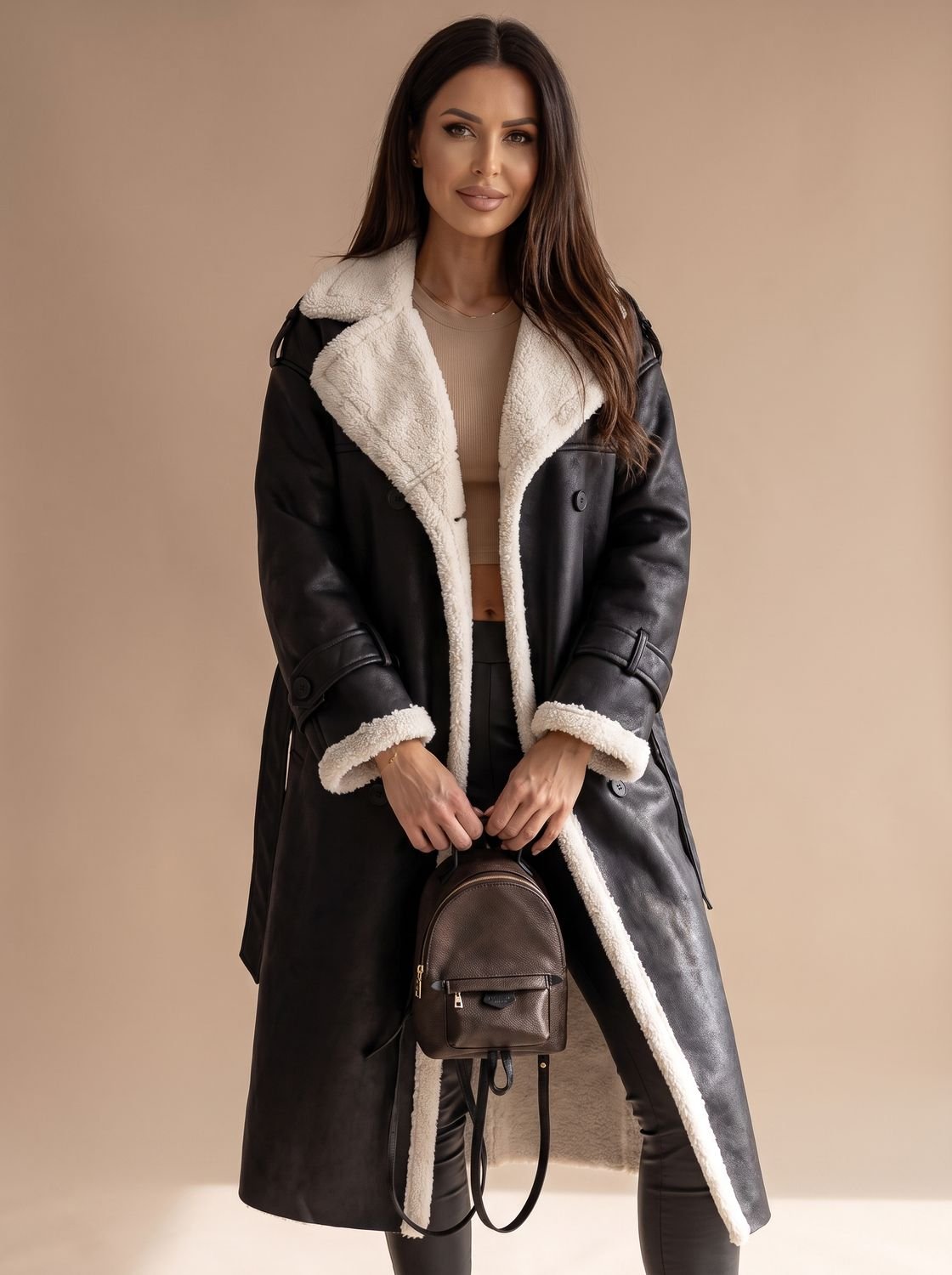 Women's Sherpa-Collar Faux Leather Belted Teddy Coat - Black