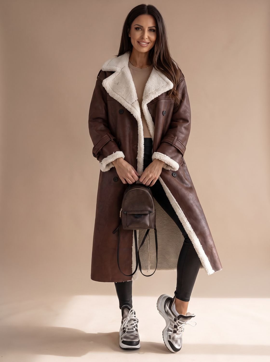 Women's Sherpa-Collar Faux Leather Belted Teddy Coat
