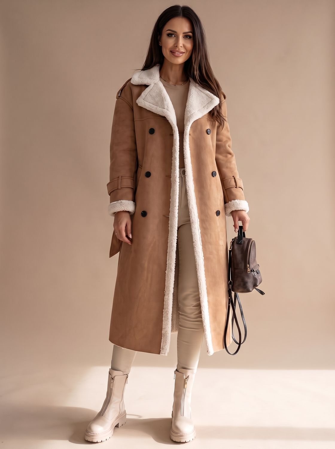 Women's Sherpa-Collar Faux Leather Belted Teddy Coat - Khaki