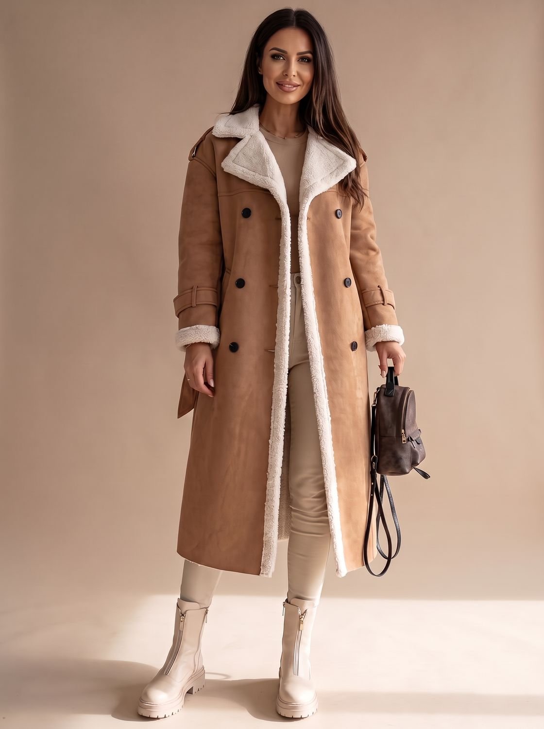 Women's Sherpa-Collar Faux Leather Belted Teddy Coat - Apricot