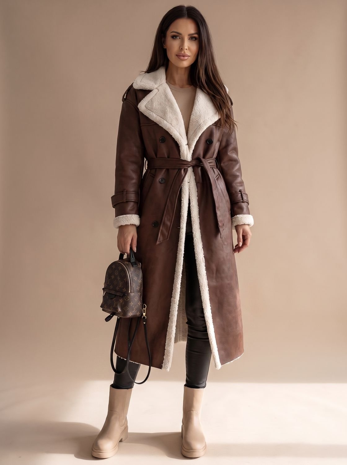 Women's Sherpa-Collar Faux Leather Belted Teddy Coat - Brown