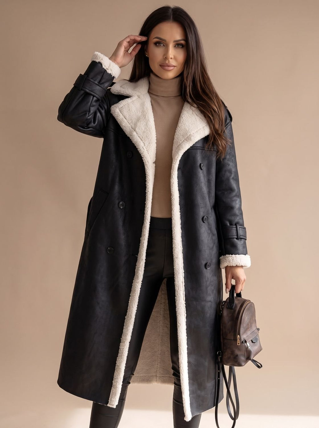 Women's Sherpa-Collar Faux Leather Belted Teddy Coat