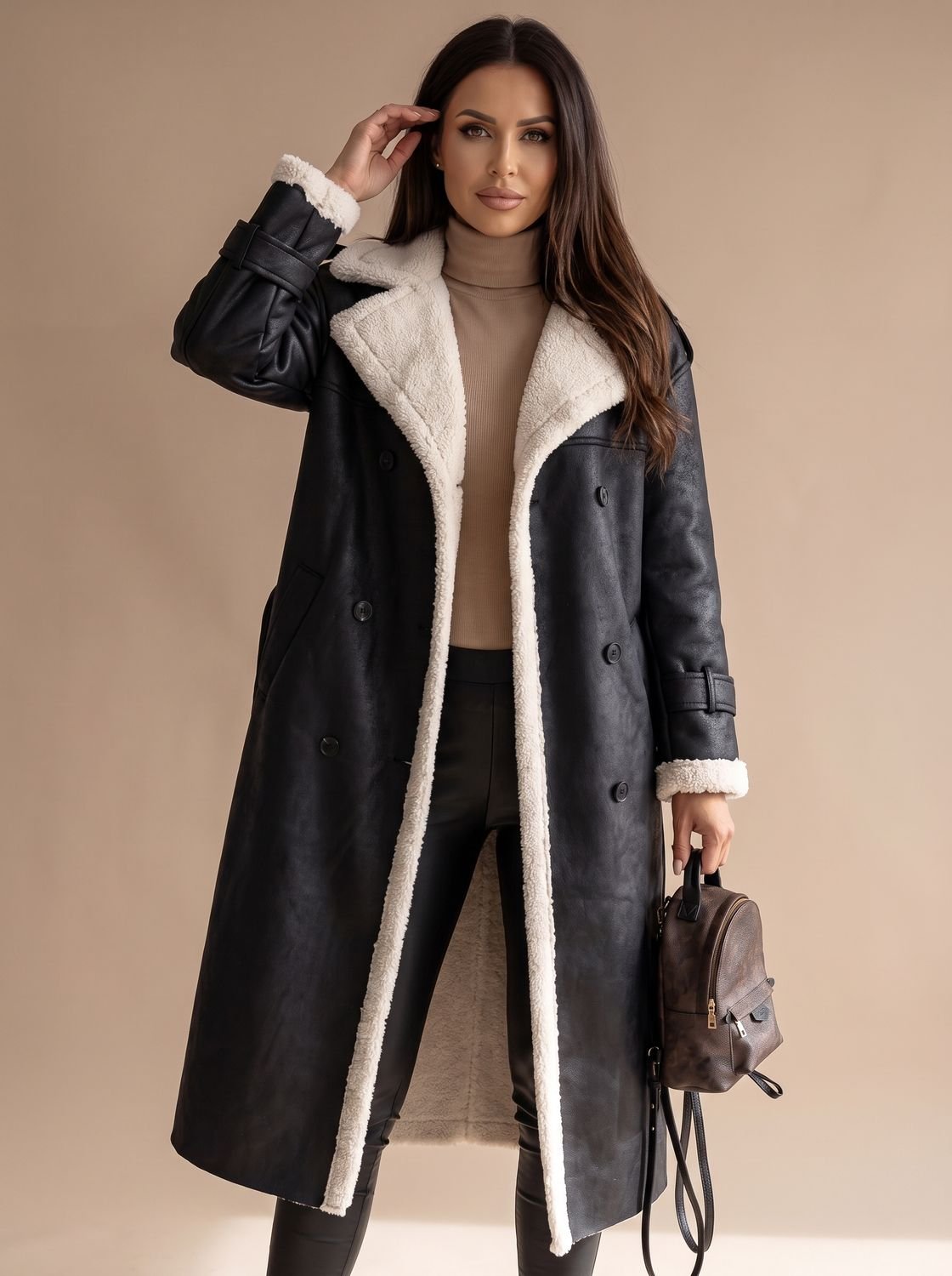 Women's Sherpa-Collar Faux Leather Belted Teddy Coat