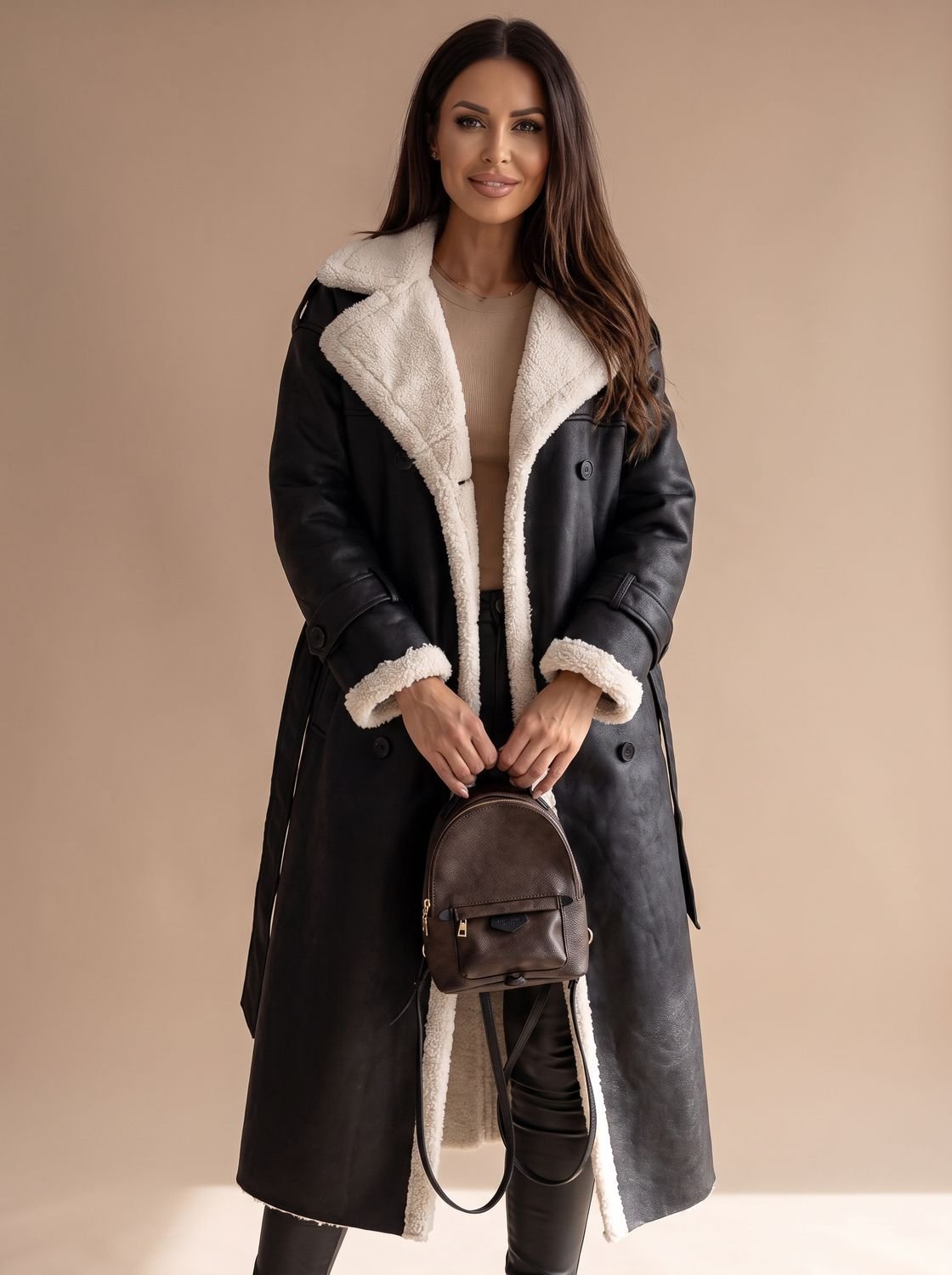 Women's Sherpa-Collar Faux Leather Belted Teddy Coat
