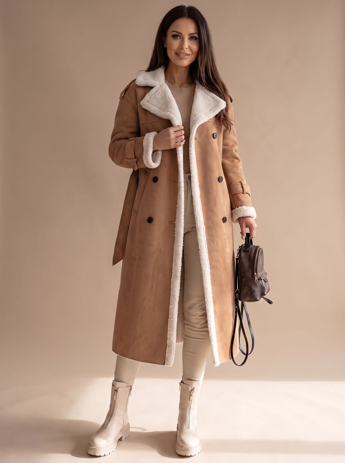 Women's Sherpa-Collar Faux Leather Belted Teddy Coat